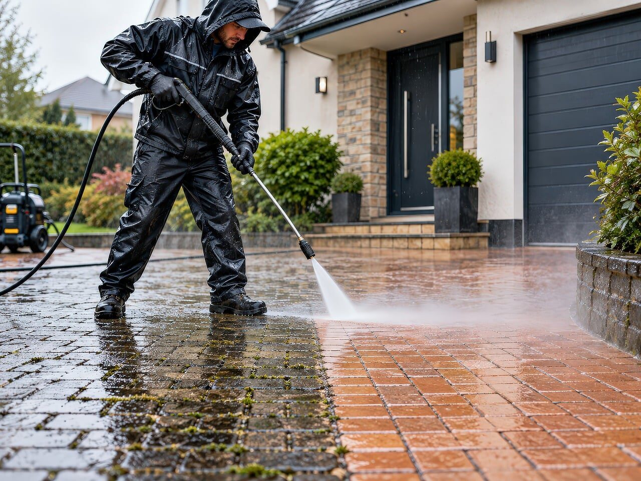 pressure washing, paving, spring cleaning, brick driveway, cleaning outdoor areas, water jet, dirt removal, garden maintenance, man, workwear, commercial services, property maintenance, home upkeep, cleaning equipment, outdoor paving, rain cleaning, winter maintenance, diy